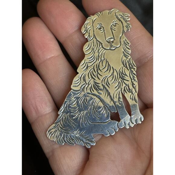 Vintage Large Golden Retriever Brooch Pin Sterling Silver Etched Design 2.5"x2" - Picture 6 of 10